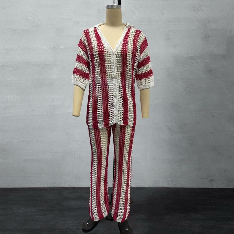 V-neck Striped Shirt Suit Stylish Women's Knitted Shirt Pants Set with V Neck Blouse Wide Leg Trousers Chic Beach for Summer