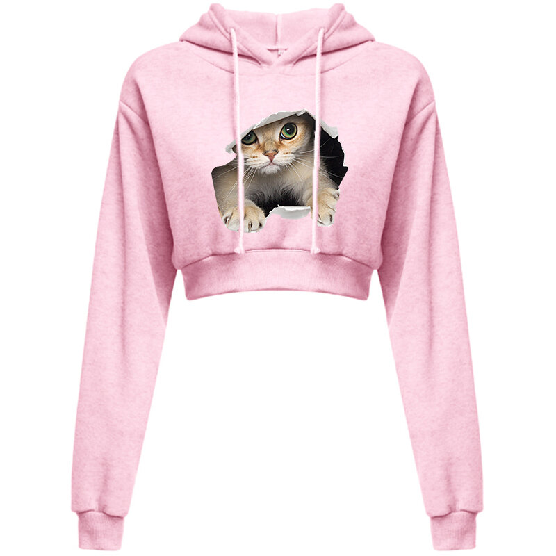 Sweatshirt bertudung motif kucing lucu uniseks, pakaian jalanan bertudung pusar terbuka kasual