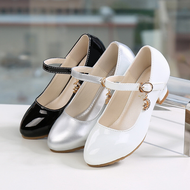 Scarpe in pelle per bambina scarpe bianche con tacco alto da principessa per bambini ragazze vestito da spettacolo per studenti sandali da ballo 28-41