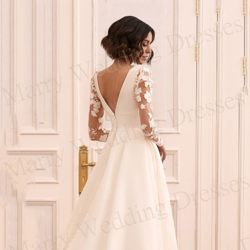 Современное скромное атласное свадебное платье А-силуэта, кружевные платья невесты с длинным рукавом и аппликацией, сексуальные платья с глубоким V-образным вырезом и открытой спиной, свадебные платья