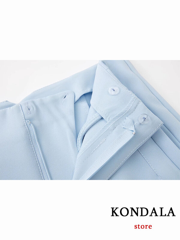 KONDALA-Calças retas azuis claras femininas, calças femininas, moda chique, roupas de escritório, cintura alta, mosca com zíper, vintage, 2024