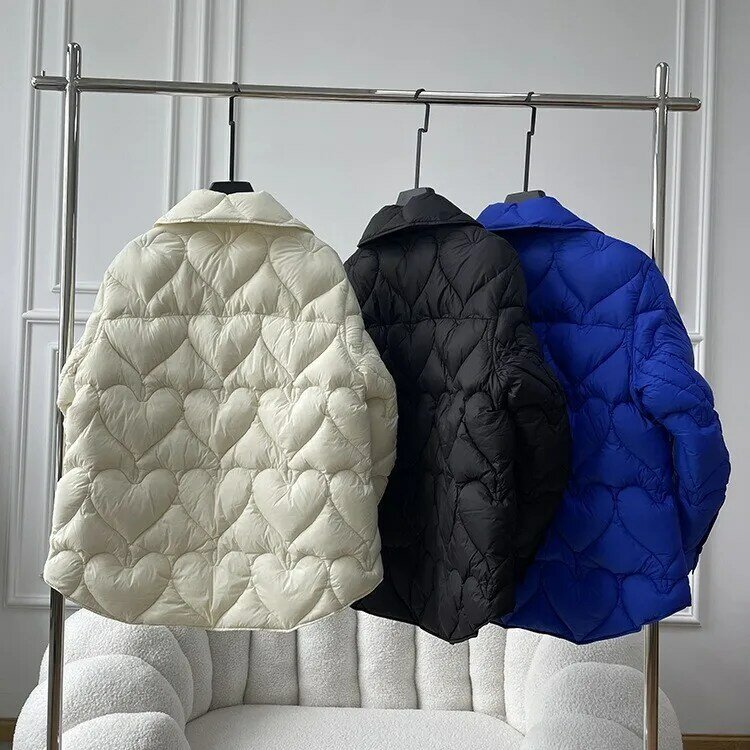세련된 하트 패턴 긴 소매 화이트 덕 다운 재킷, 가을 겨울 싱글 브레스트 라이트 다운 충전 코트 레이디 따뜻한 재킷