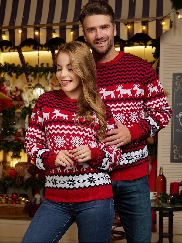 Sweter Jacquard lengan panjang pasangan pria wanita, sweter Natal leher bulat, Sweater lengan panjang motif rusa
