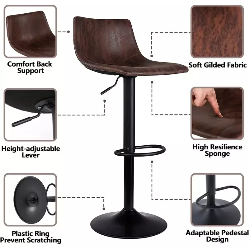 Set kursi Bar 2, kursi putar 360 ° dengan punggung, kursi Bar dengan tinggi yang dapat disesuaikan, tinggi meja Pub Modern, kursi Bar