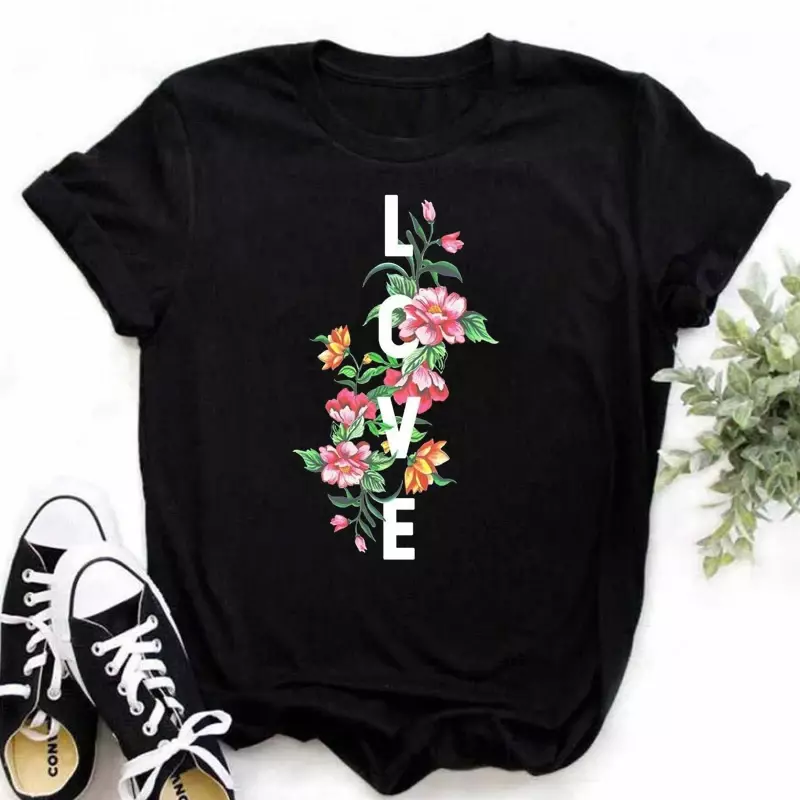 Women T-shirts Floral Love T Shirt 90s Ladies Fashion Clothing Cartoon Clothes Short Sleeve Female Tees Valentine Tshirt