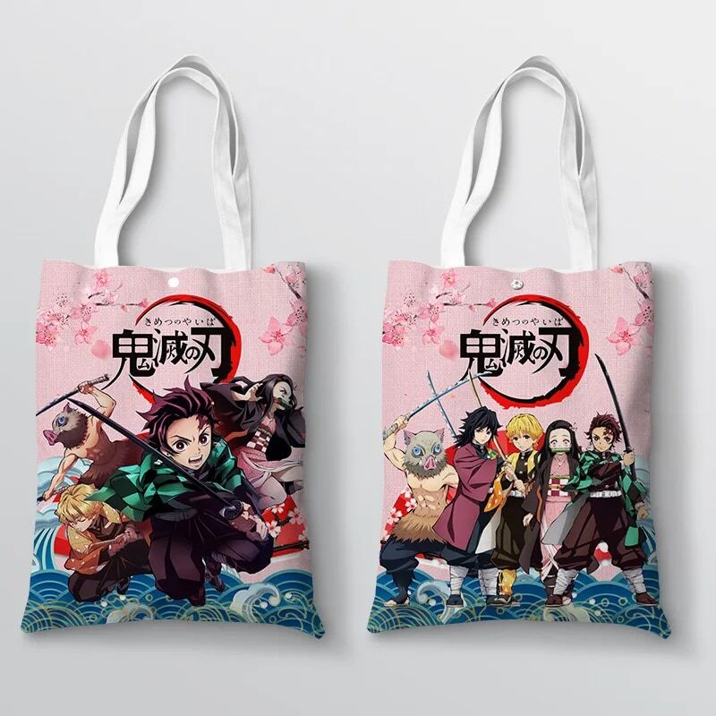 Anime zabójca demonów z nadrukiem płócienna Tote torba z kreskówki Nezuko Kocho Shinobu Tomioka Giyuu podwójne torba na zakupy z nadrukiem