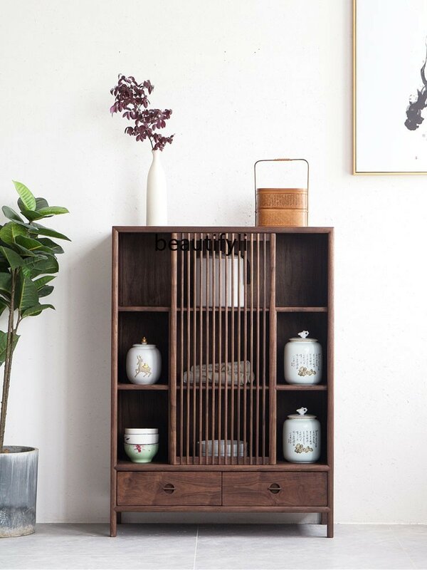 Novo estilo chinês aparador chá armário, noz preta, armário de armazenamento lateral madeira maciça