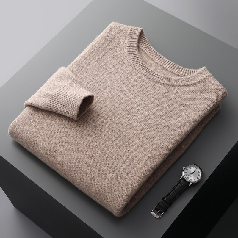 Autumn and winter new 100% merino wool cashmere sweater men's round neck thick solid color knitted pullover fashion loose coat