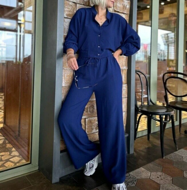 Комплект брюк для женщин 2024, модный свободный однотонный топ с длинным рукавом и завязками, повседневный стиль, брюки с широкими штанинами, Женский комплект из 2 предметов