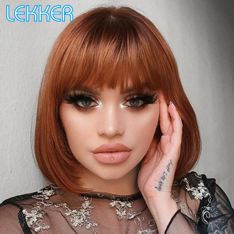Lekker-Peluca de cabello humano liso con flequillo para mujer, pelo Remy brasileño, color marrón degradado, sin pegamento