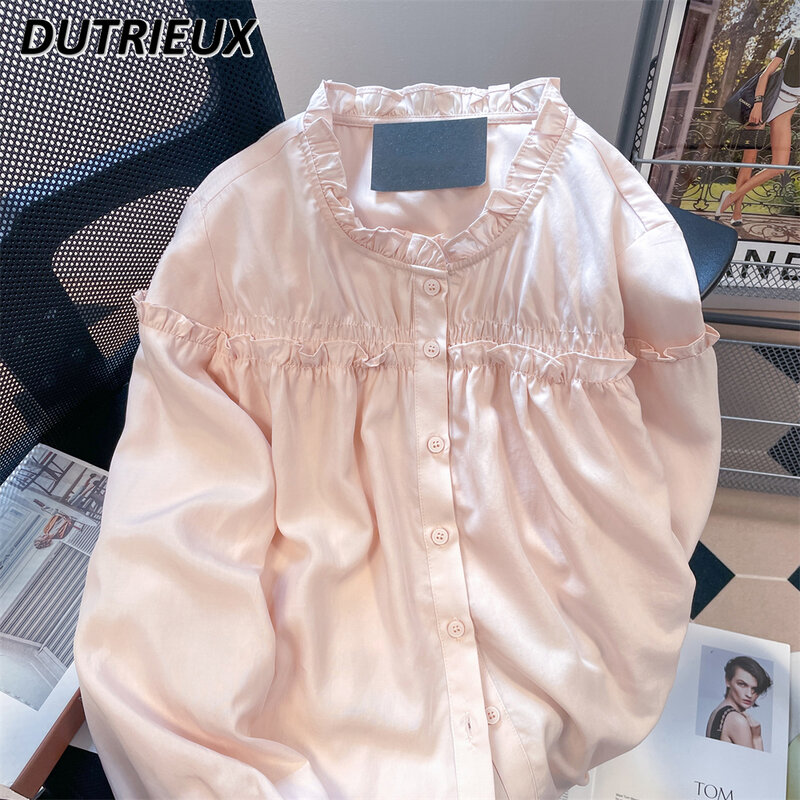 Lente En Herfst Dames Tops Retro Binnenkleding Elegante Blouse Houten Oorstiksel Shirt Met Lange Mouwen Effen Kleur Casual Shirts