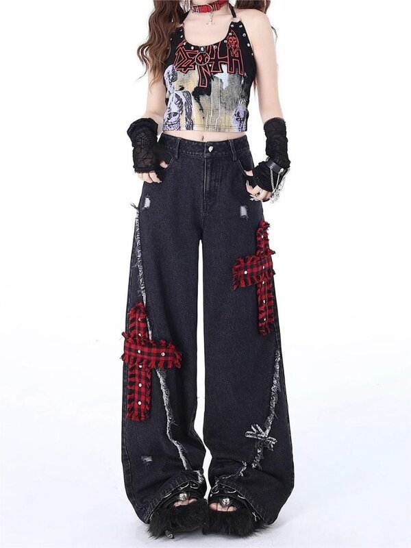 HOUZHOU Gothic Vintage Y2k Jeans Baggy Woman Japanese Style Denim Pants Korean Fashion Streetwear Harajuku Punk Gyaru Trousers