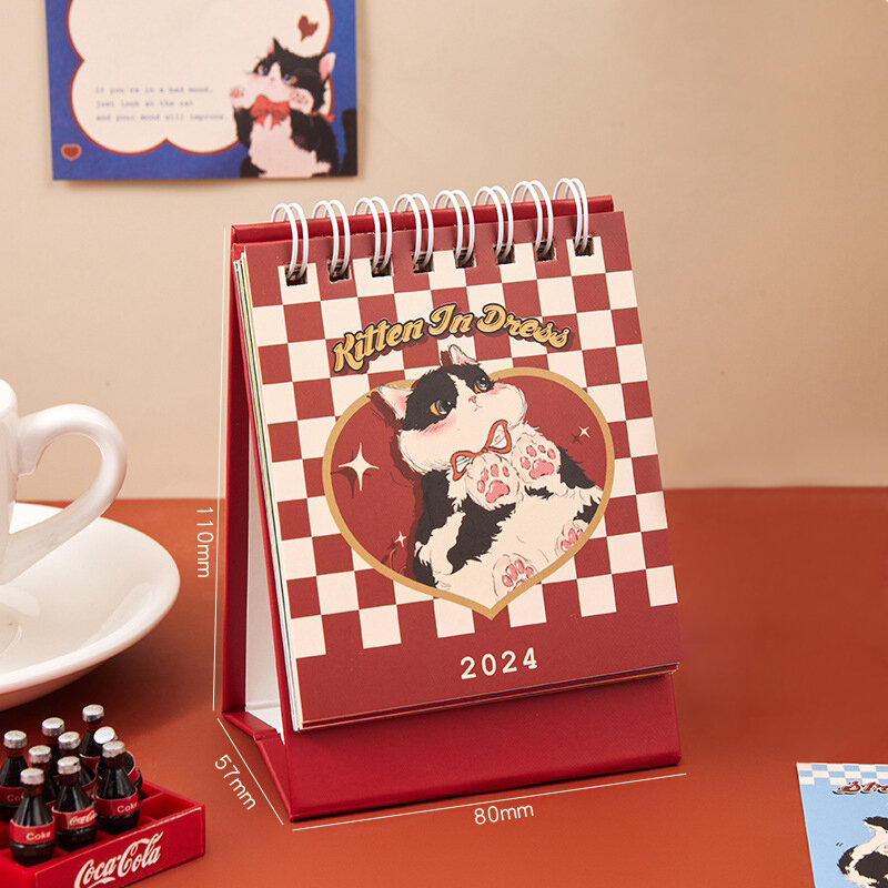 2024 Cat Artist Series calendario da tavolo piccolo agenda mensile Planner Cartoon Desktop Ornament forniture scolastiche per ufficio