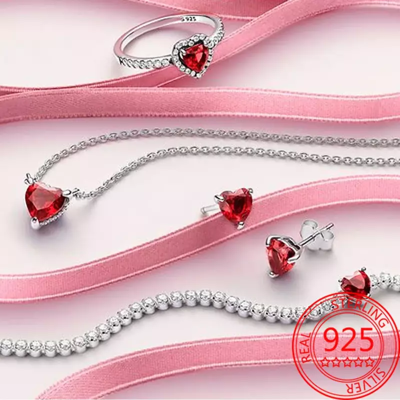 New 925 Sterling Silver Sparkling Heart Halo Pendant Collier Necklace Red Heart Ring Round Hoop Earrings Women Jewelry Set Gift