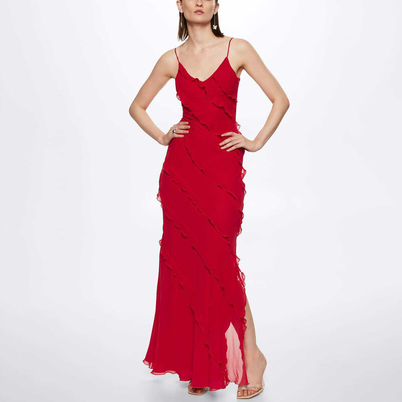 Seksowna szyfonowa sukienka z falbanami formalna okazja kobiet z paskiem Spaghetti z dekoltem w serek bez pleców suknia wieczorowa na przyjęcie sukienki koktajlowa, balowa