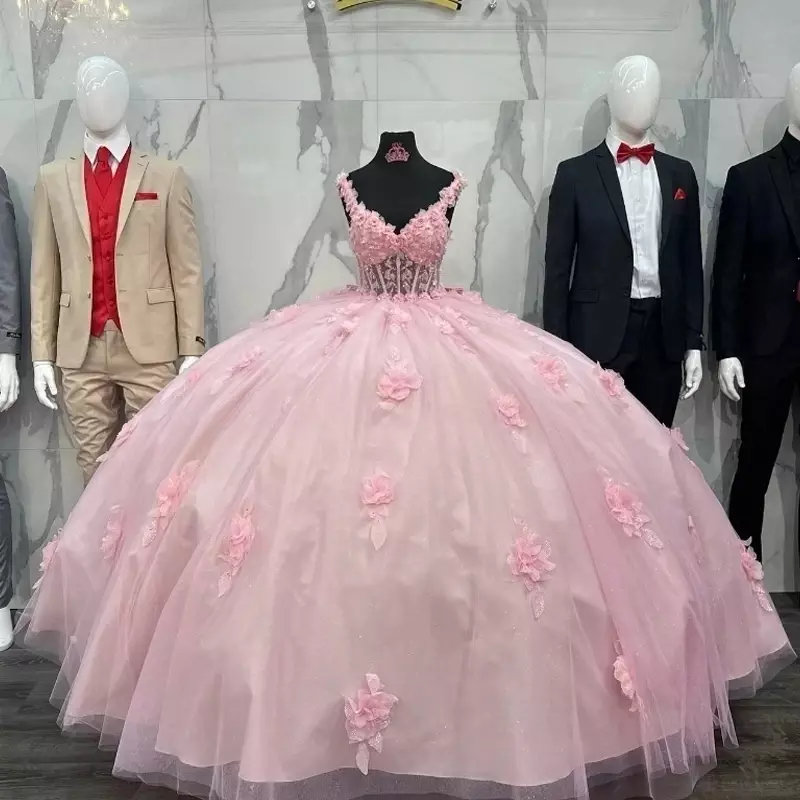 Abiti da principessa Quinceanera con scollo a v rosa fiori 3D See-Through Top Birthday Party Dress Vestidos De 15 Anos corsetto indietro