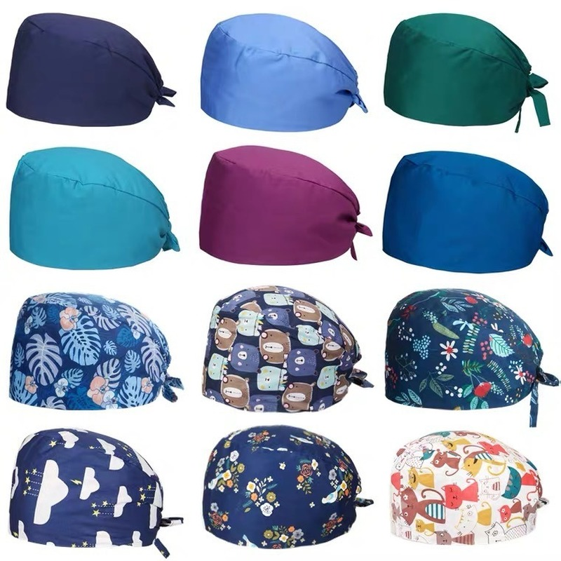 Topi Lembut Motif Bunga Handuk Pembungkus Kepala Penyerap Keringat Perawat Topi Katun Murni Anti-kotor dengan Kancing Topi Bedah