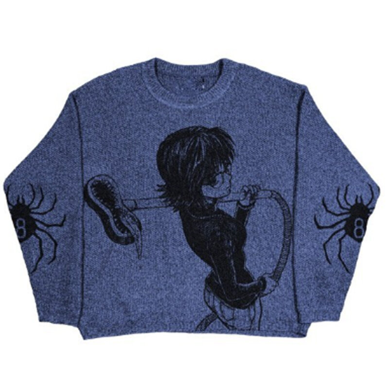 Autunno inverno Harajuku Vintage Cartoon Anime Print Knit oversize Men maglione Y2K Gothic Punk Streetwear brutto Pullover lavorato a maglia