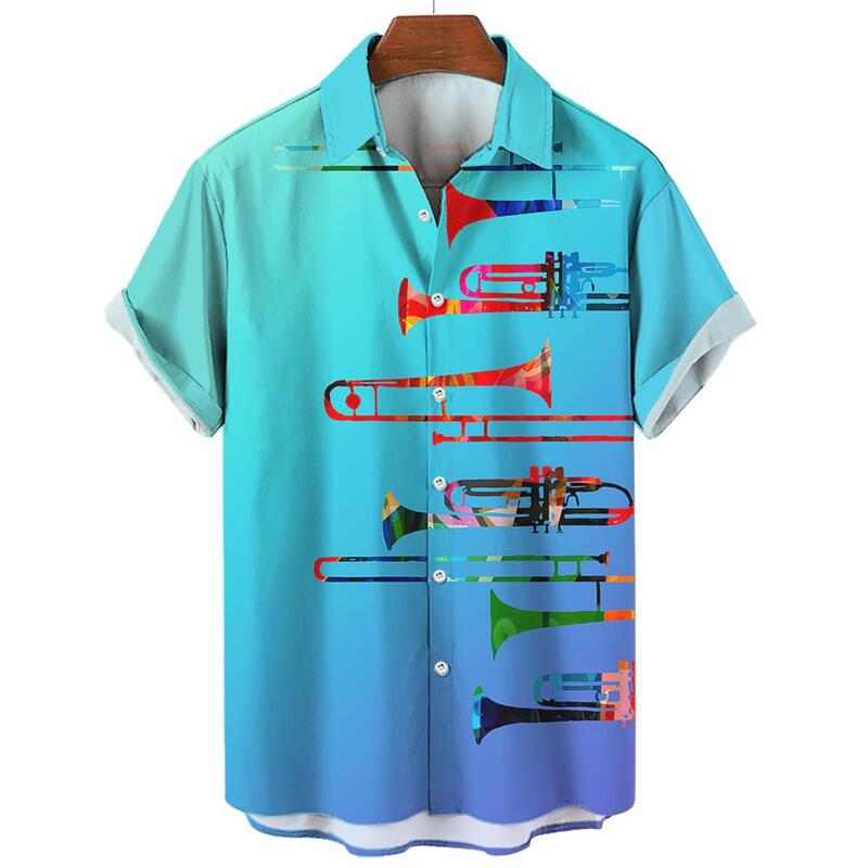 メンズハワイアン3Dプリント半袖ラペルシャツ,楽器,グラフィック,ファッション,ボタン,ストリートウェア,夏