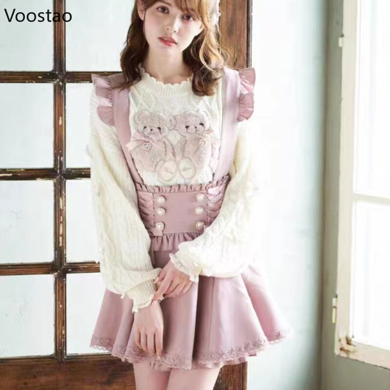 Japońska Gothic Lolita wstążka kokardka perła diamentowa klamra zdejmowane krótkie spódnica pończochowa dziewczynki słodkie słodkie koronkowe krótka spódniczka w kształcie linii
