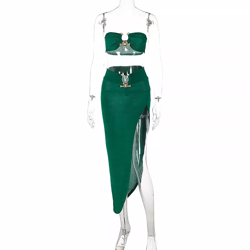 Sexy szczelina Maxi sukienka wysokiej talii 2 sztuk garnitury aksamitna krótka, bez ramiączek zakrętka tubki 2022 lato kobiety moda Streetwear Vestidos 20164