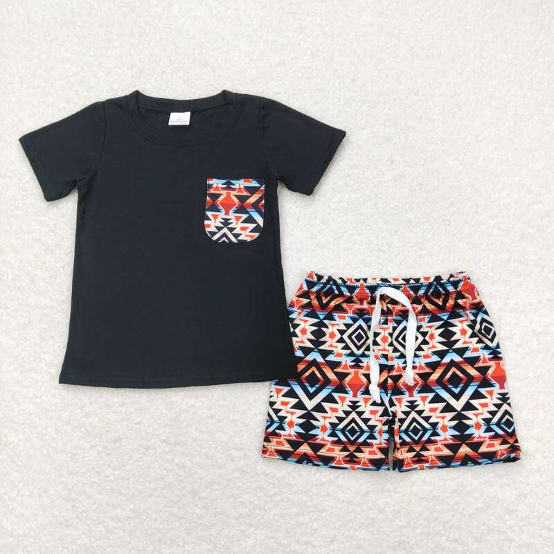 Großhandel setzt heißen Verkauf westlichen Boutique Kleidung Baby Jungen Kleidung geometrische Tasche schwarz kurz ärmel ige Shorts Outfits