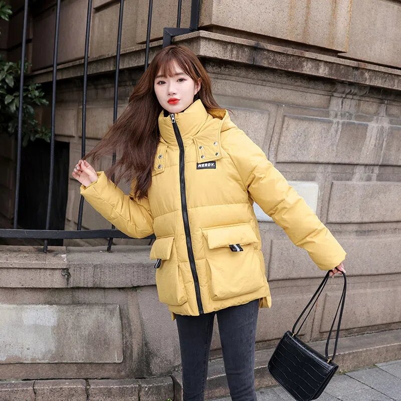 Down Cotton Jacket Women 2022 Winter New Korean Loose All-match Casual Padded Coat Famela Printing Hooded Thick Warm Parkas