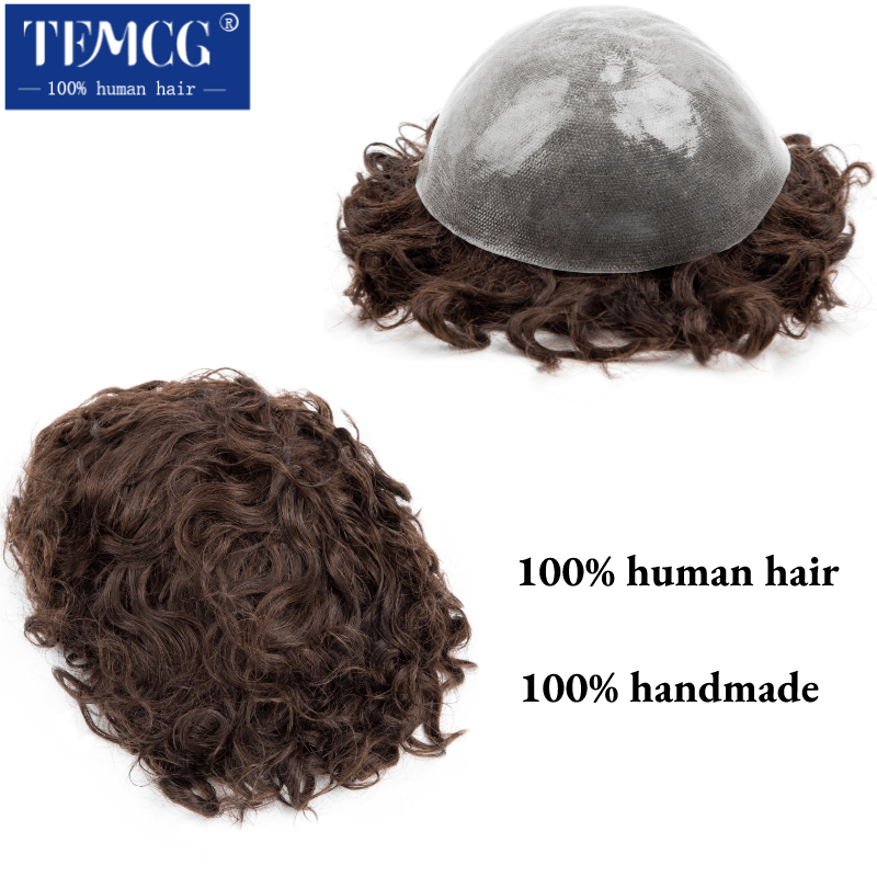 男性用の結び目が付いた耐久性のあるシリコンミニキンウィッグ、カーリー男性の髪の毛、100% インドのヘアシステムユニット、0.06-0.08mm