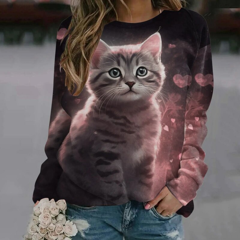 Kaus wanita kucing lucu motif 3D, atasan longgar wanita, blus harian, baju Sweater Harajuku ukuran besar, kaus lengan panjang kasual