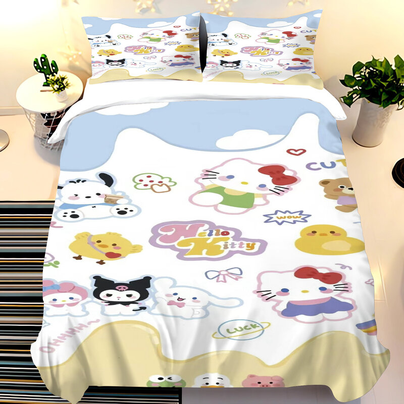 Sanrio-edredón con estampado de animales para niños, colcha de dibujos animados, 100% poliéster, Hello Kitty, Juego de 3 piezas de lujo, 1 funda de cama
