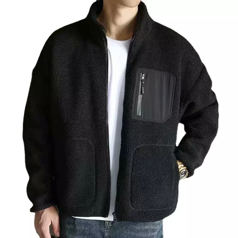 Winter Men's Fleece Jacket Warm Male Outwear Winter Parkas Zipper Stand Collar Streetwear Jackets Casual Solid Color Loose Top