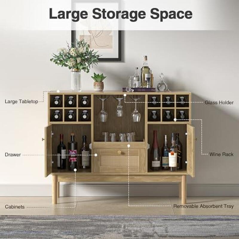 Ротанговый винный шкаф в деревенском стиле, барный шкаф для хранения ликеров, буфетный ящик 43,3 дюйма Ш x 15,7 дюйма Д x 34 дюйма в