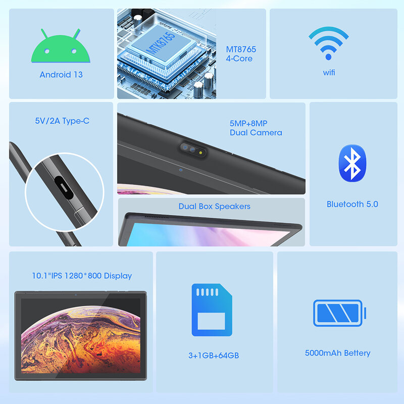Cwowdéfu-Tablet Android portátil, 10.1 ", MTK8765, 4-Core, 4 + 64GB, 5000mAh, Tipo-C, GPS, Certificado Google, Android 13, Wi-Fi, PC