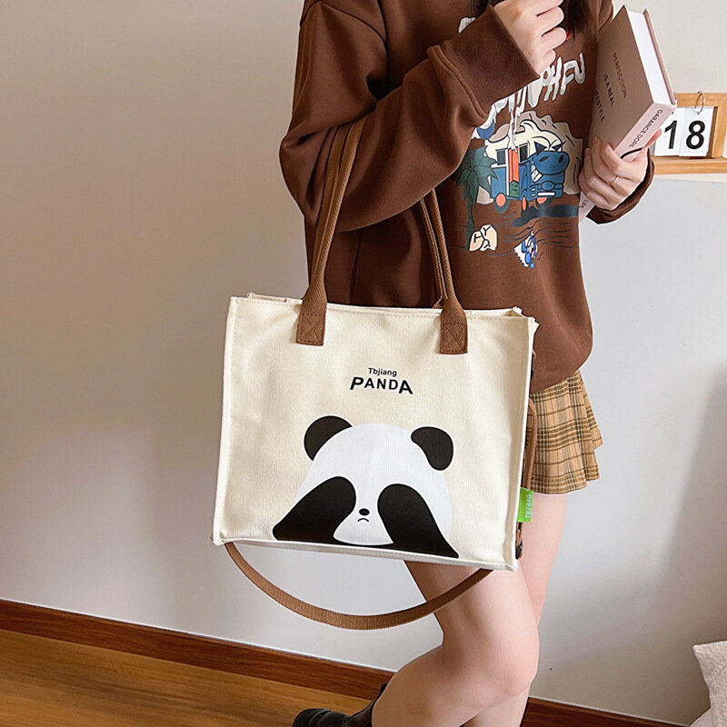 Tas kanvas Tote wanita kapasitas besar, tas kanvas Tote motif Panda lucu, tas bahu untuk wanita, tas komuter kasual, tas dompet dan tas tangan