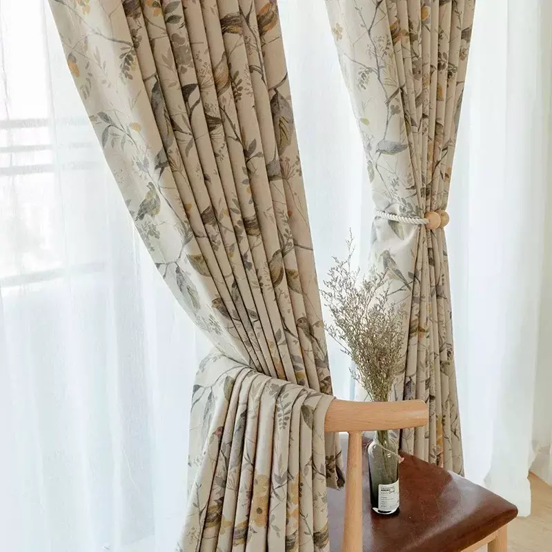 Katun kustom dan untuk tirai Linen untuk ruang tamu kamar tidur cetakan kain gorden burung cabang Retro baru Modern Cina