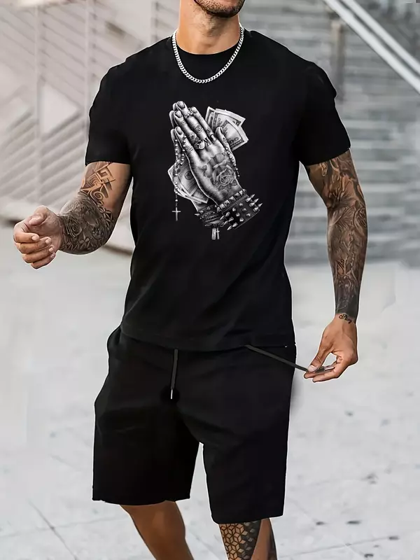 Men's summer casual Praying Hands Pattern print T-shirt+shorts 2-piece set for men's round neck breathable short sleeved set