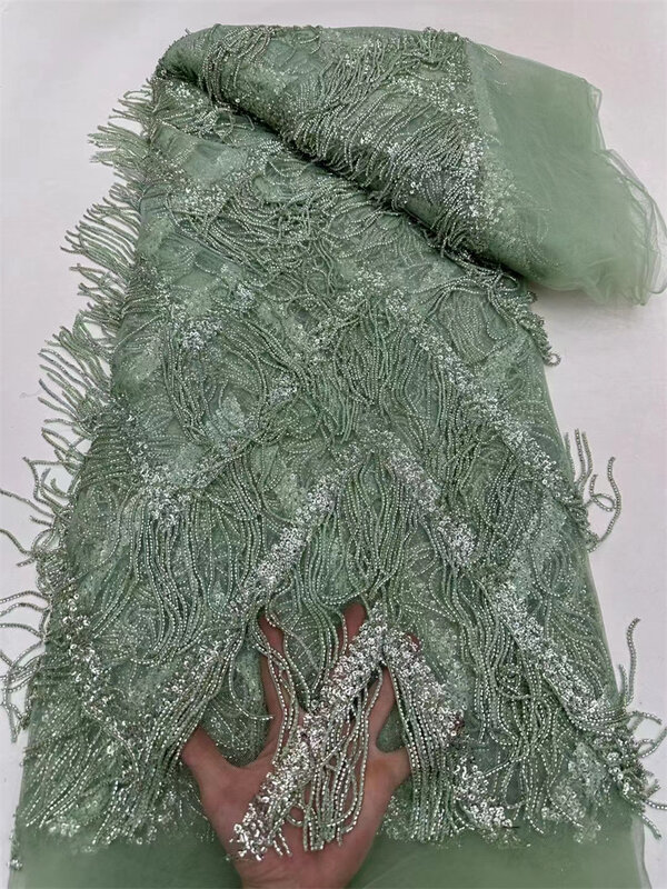 Tecido de renda africano com flor bordada, tecido nigeriano para costura, tule frisado 3D, pingente de luxo, Dubai, 5 jardas, 2024