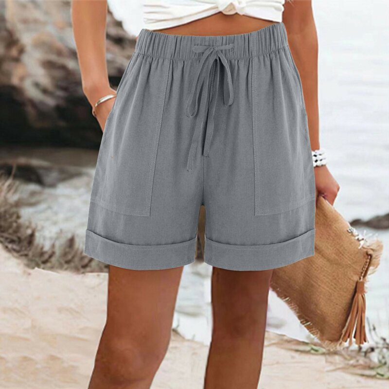 Shorts confortáveis de cordão elástico para senhoras, cintura alta, shorts soltos, bolsos, monocromático, casual, verão, 2022