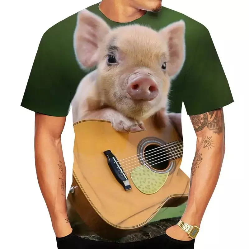 남성용 반팔 티셔츠, 3D 프린트 동물 돼지 프린트, 느슨한 재미있는 하라주쿠 동물 프린트, O 칼라, 개성 있는 상의, 여름 신상