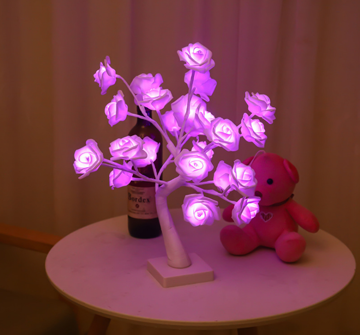 Lámpara de árbol pequeño para decoración de habitación, luz de noche para mesita de noche, regalo de linterna de vacaciones, lámpara de mesa de árbol rosa