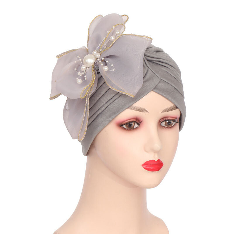 Eleganckie damskie perełki Turban w kwiaty muzułmańskie nakrycia głowy w czepku Bowknot Femme Musulman czapka chusta na głowę Lady Beanie akcesoria do włosów