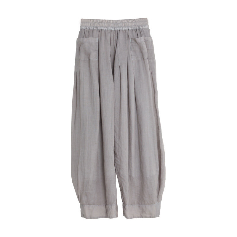 Celana rami 2024 Vintage musim panas 100% untuk wanita longgar elastis pinggang tinggi lapisan ganda kasual Streetwear Pantalon Roupas Femininas