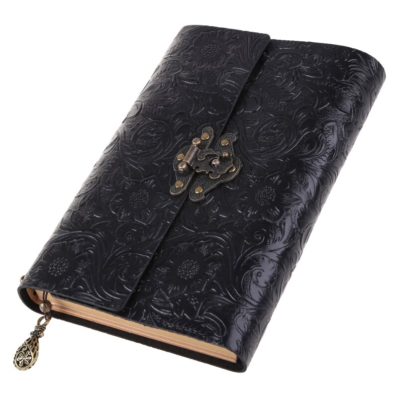 Embossed Pattern Soft Leather Travel Notebook with lock for KEY  Notepad Kraft Paper for Business Sketching Dropship