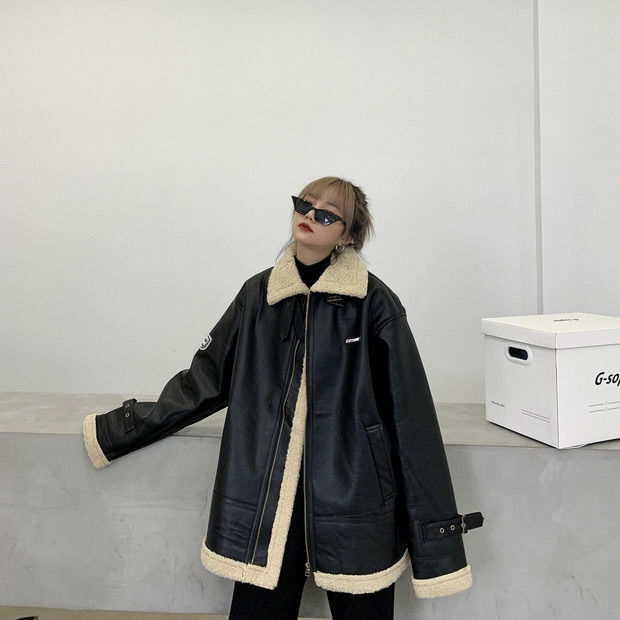 Chaqueta de piel sintética para mujer, abrigo holgado con cremallera, informal, estilo japonés, primavera y otoño, T461