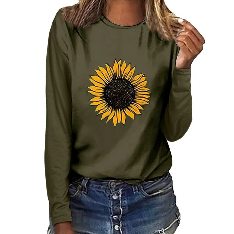 Frauen Kapuzen pullover Sweatshirt Ärmel Sonnenblume T-Shirt lange Bluse Frauen O-Ausschnitt Top Pullover Grafik Pullover Sweatshirts