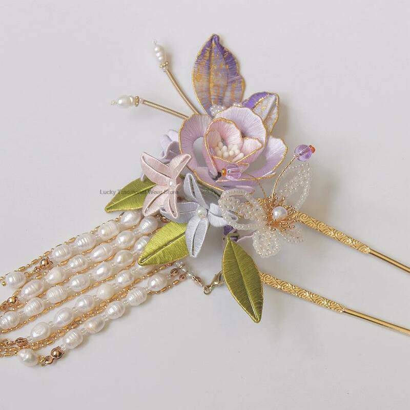 Chinese Hanfu Retro Headdress Purple Flower Butterfly Hairpin Antique Hanfu Accessories Handmade Tassels Accessories Hairpin
