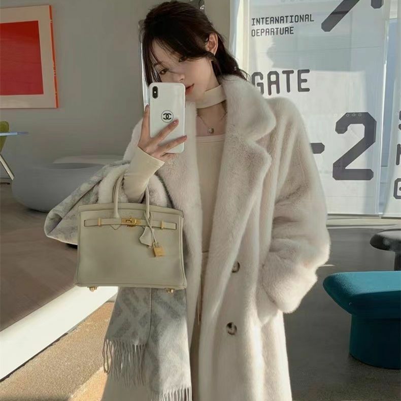 Faux Fur Women Coats Solid Turn Down Collar Splice Long Coat Full Sleeve Double Breasted Loose Jackets Thick Winter Outerwear