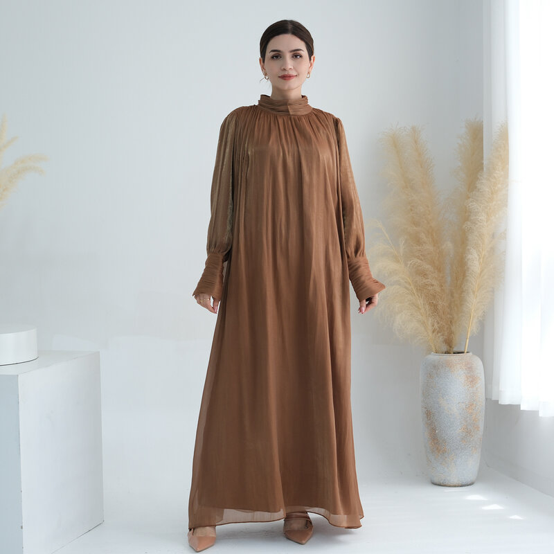 Abito musulmano tinta unita lucido Abaya donna manica lunga vita alta lungo Maxi vestito Dubai caftano turchia abito da festa islamico Vestido