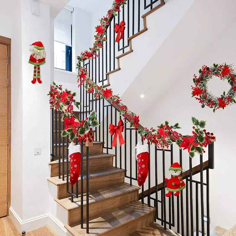 2M świąteczna girlanda ze światłem sztuczne czerwone jagody Holly Leaves stroik z bluszczu wieniec rattanowy na ozdoba choinkowa Home dekory