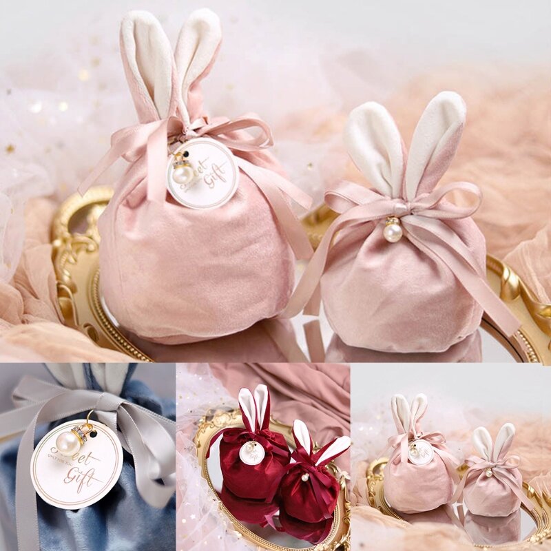 Creative Easter Rabbit Bunny Ears Velvet Candy Bag Ribbon Bowknot Jewelry Pouches Egg Basket Storage Tote Cookie Container